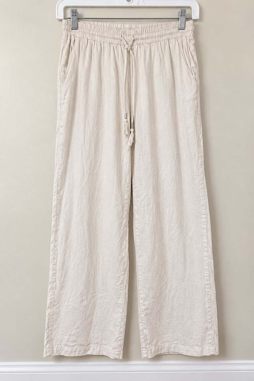 Ellen Tracy Pull On Linen Blend Pants Size M Beige Wide Leg Drawstring